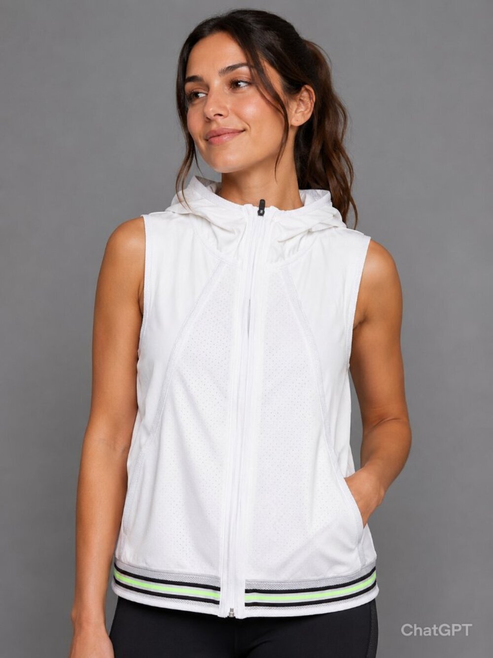 MPG Julianne Hough‎  White Athletic Zippered Vest & Neon Green trim Size L